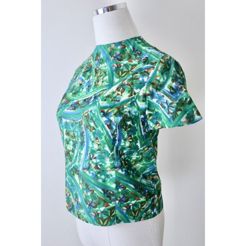 Vintage 1960s Abstract Print Short Sleeve Blouse Button Back Top Poly Crepe - Picture 3 of 10